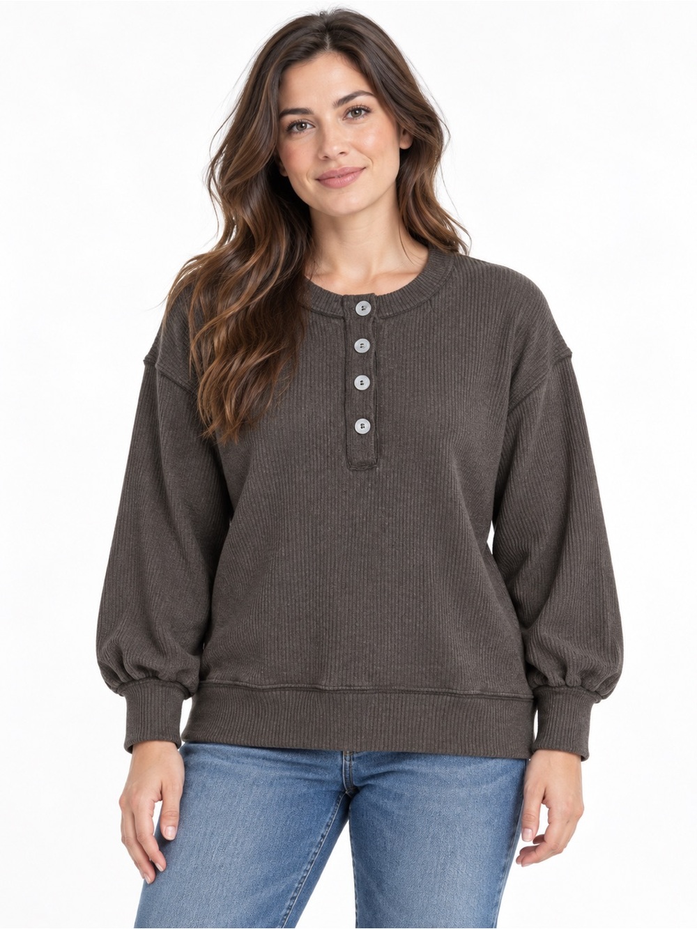 Andree by Unit Brown Ribbed Henley Top with Balloon Sleeves & Relaxed Overaized